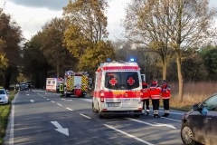 Einsatzfahrzeug vor Ort, während der Rettungsarbeiten blieb die Landstraße voll gesperrt.