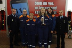 von links: Jugendfeuerwehrwehrwart Florian Mesenbrink, stellvertretende Jugendsprecherin Fiona Schimann, Kassenwart Kevin Kemper, Jugendfeuerwehrfrau des Jahres 2017 Lara Kemper, Jugendsprecherin Lynn Aschmies, stellvertretender Jugendfeuerwehrwart Carsten Wrede