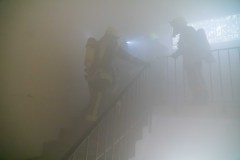 Eine vermisste Person wird von den Einsatzkräften aus dem Gebäude gerettet.