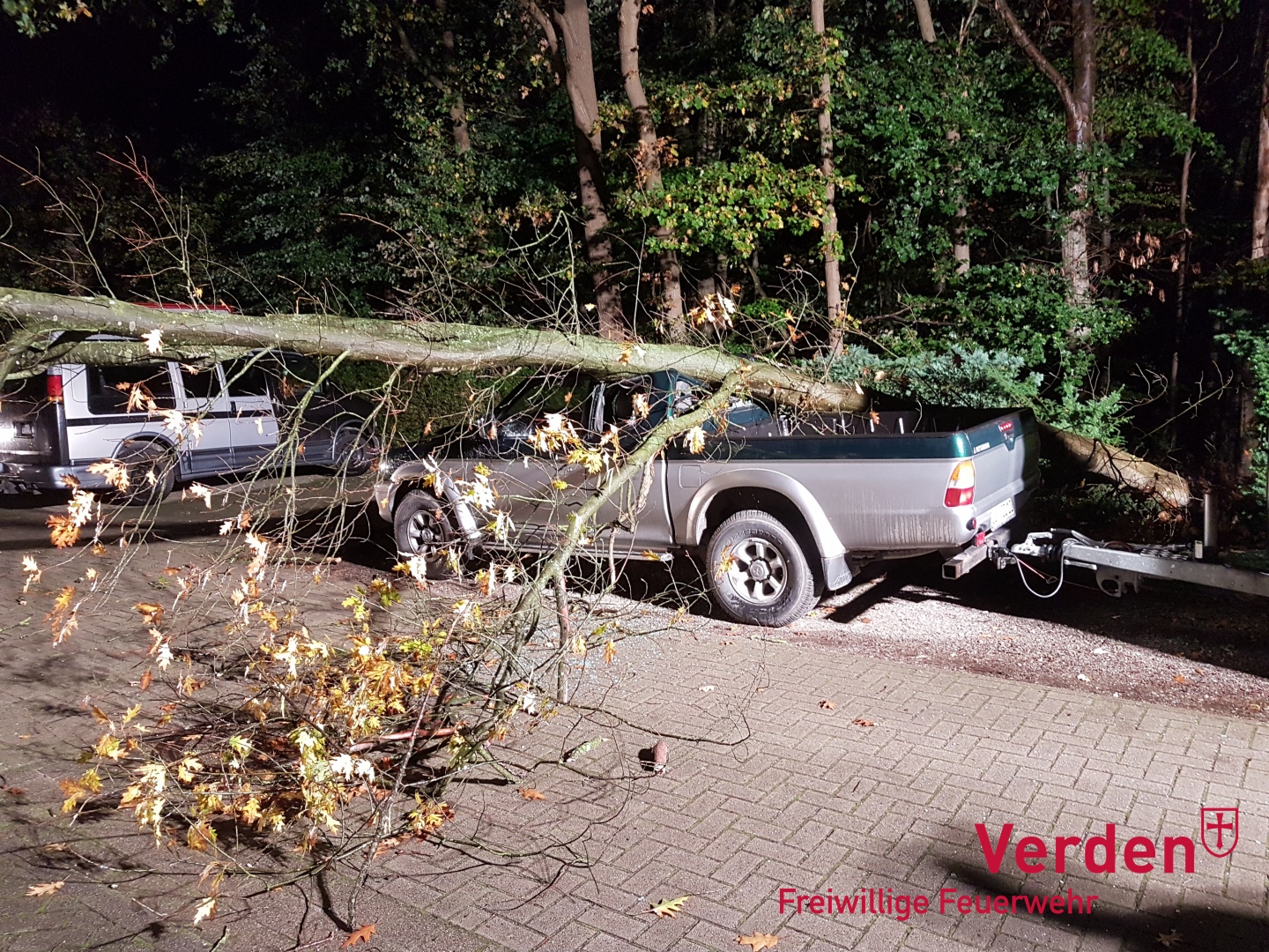 Der Baum war genau auf den Pickup gestürzt.
