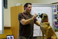 Hundetrainer Marcus Wolff zeigt den Umgang mit Tierbeatmungsmasken.