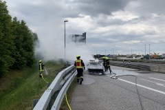 Einsatzkräfte löschen den in Vollbrand stehenden PKW.